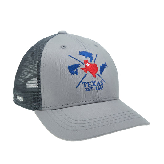 A hat with gray mesh in back and gray fabric in front features a design with the state of texas in the middle of an x with a trout bass and redfish and the words texas est 1845