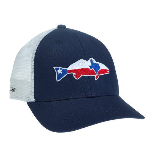 A hat with white mesh in back and blue fabric in front has a design on front in the shape of a redfish with the state of texas and a star inside of it