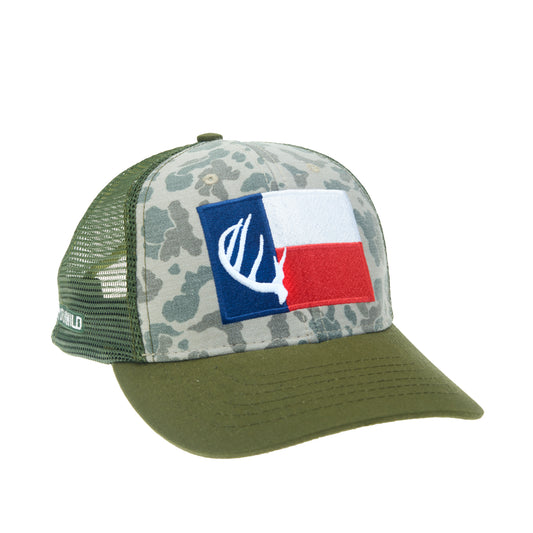A hat with green mesh in back and camo fabric in front has a design with a white tail antler in front of the texas flag