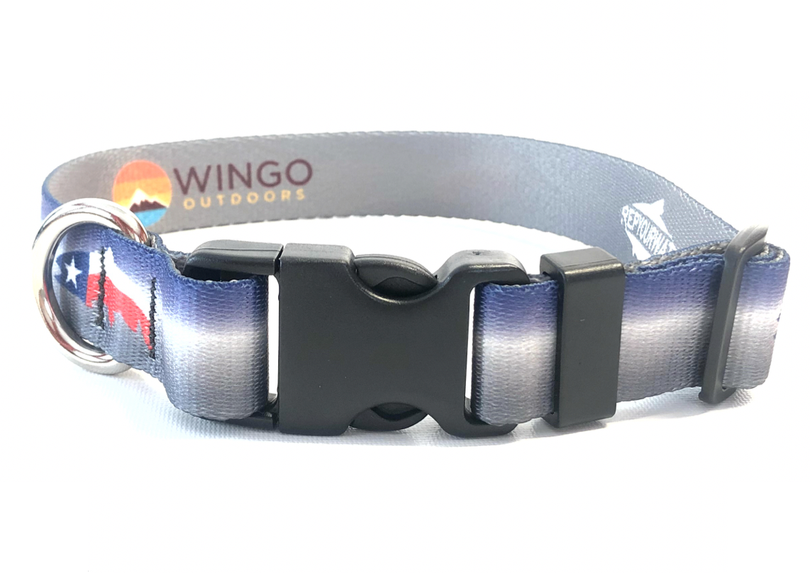 Blue and gray collar with plastic clasp and metal D ring featuring a trout silhouette filled with the Texas flag.