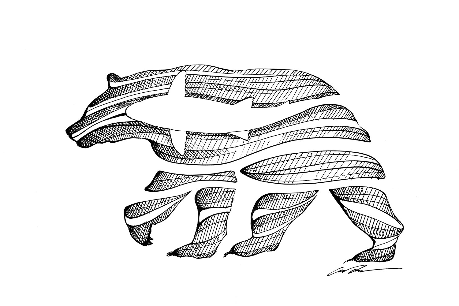 A black and white sketch in the shape of a bear with a trout inside of it