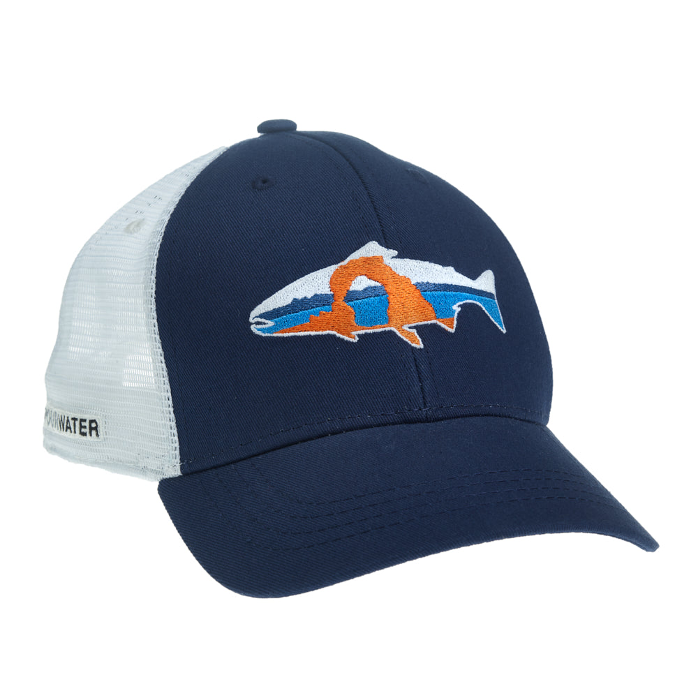 A hat with white mesh and navy front fabric has a trout with the great arch inside