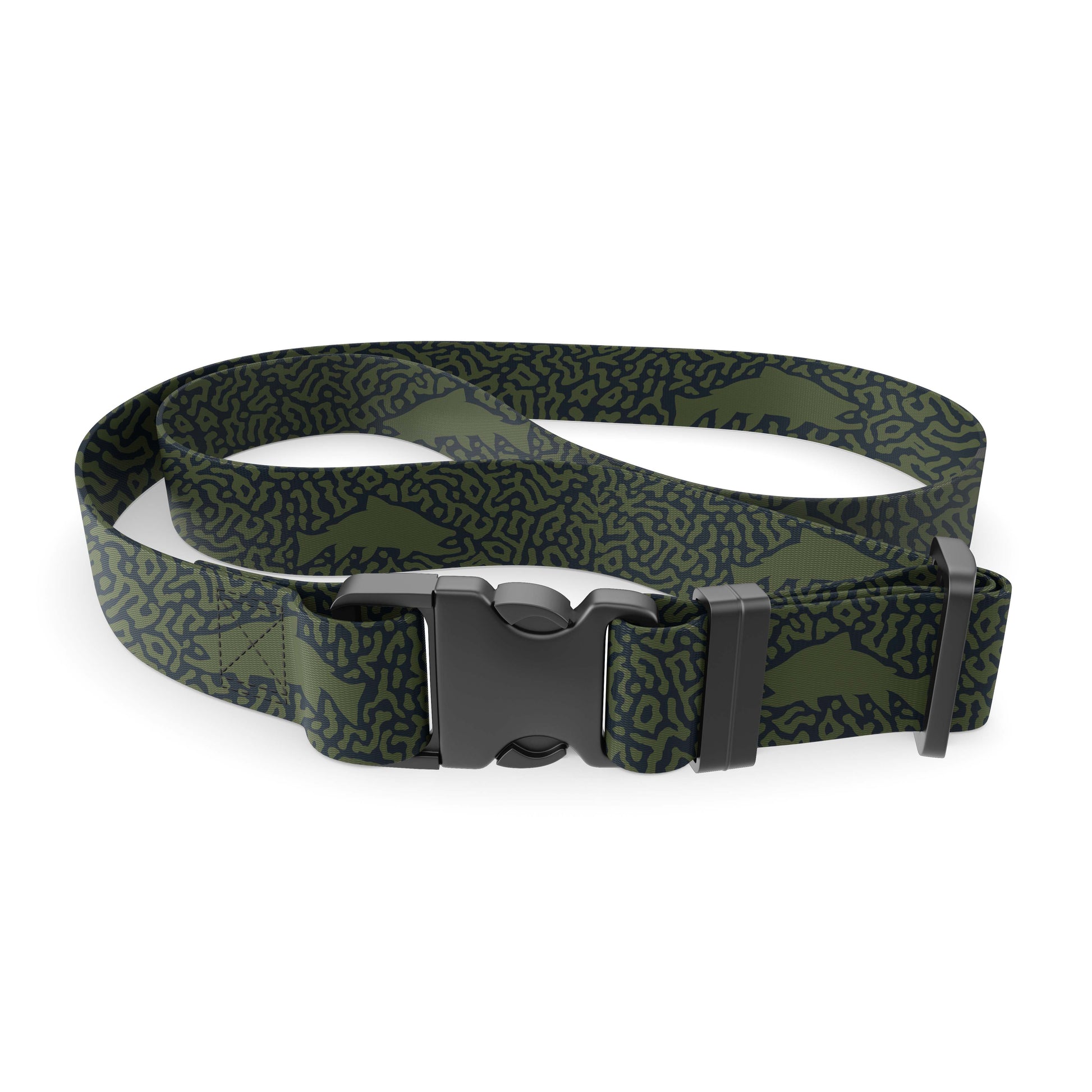 Navy nylon webbing belt with green fish pattern and with plastic buckle