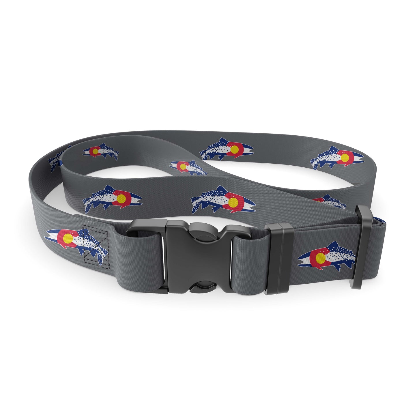 Gray nylon webbing belt with repeated fish in Colorado flag colors and with plastic buckle