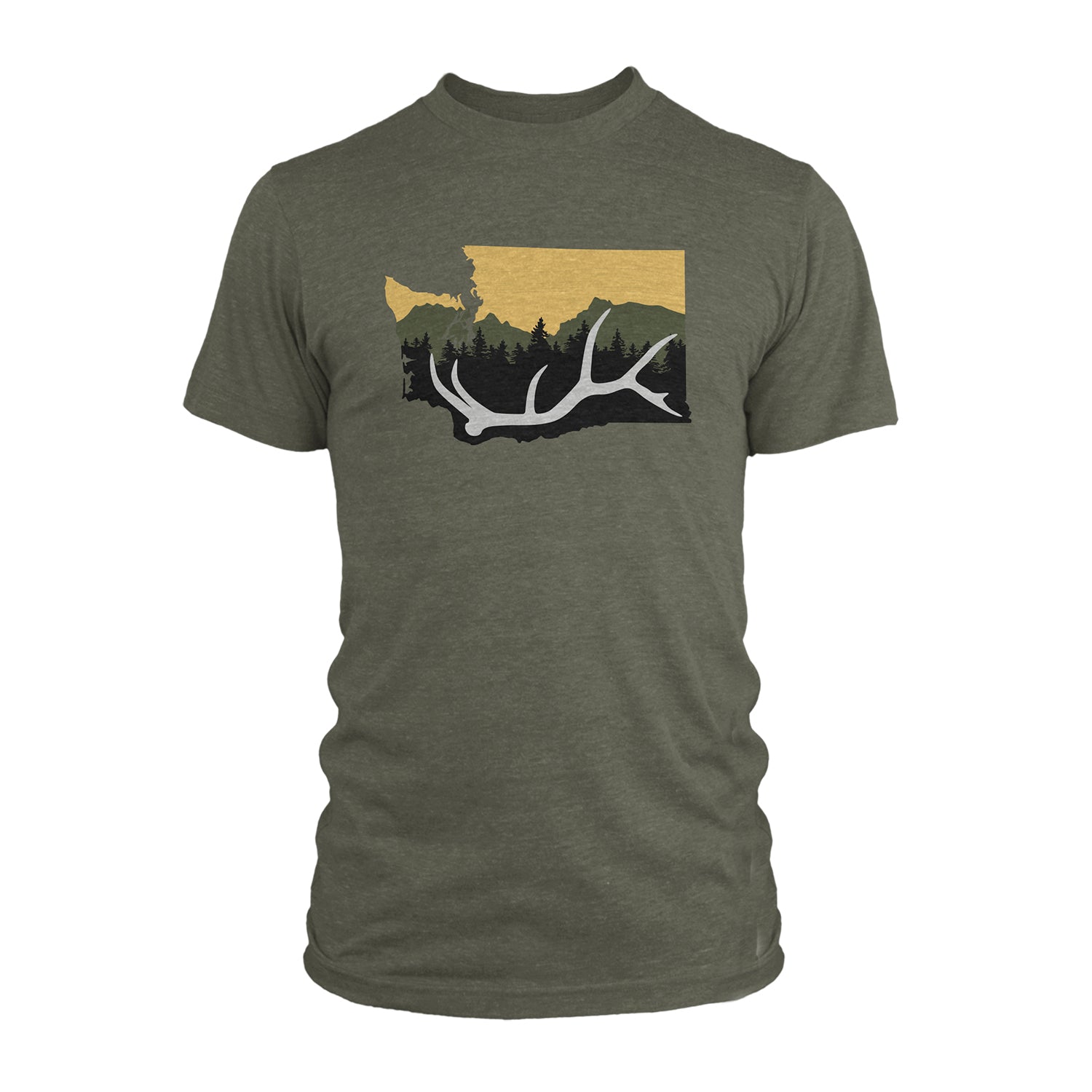 A green short sleeved tee shirt has a chest design in the shape of washington state with an elk antler in front of pine trees and mountains