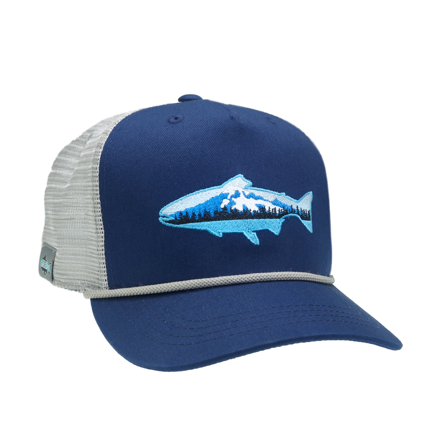 A hat with gray mesh and blue fabric has a trout in front with a volcano inside of it there is a gray rope above the brim