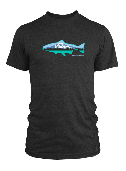 A short sleeved dark gray shit has a trout in front with a volcano inside of it with the words repyourwater underneath