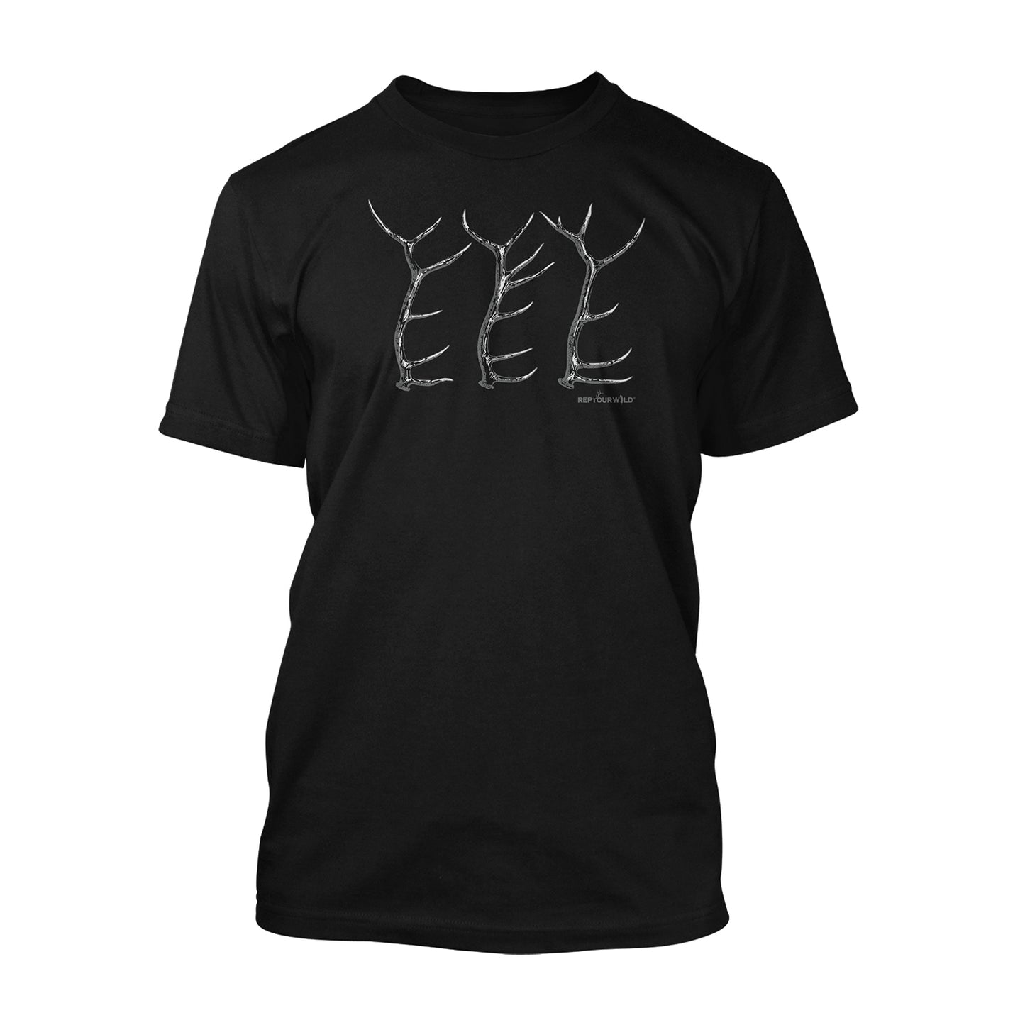 black short sleeved tee shirt with 3 antlers and reads repyourwild
