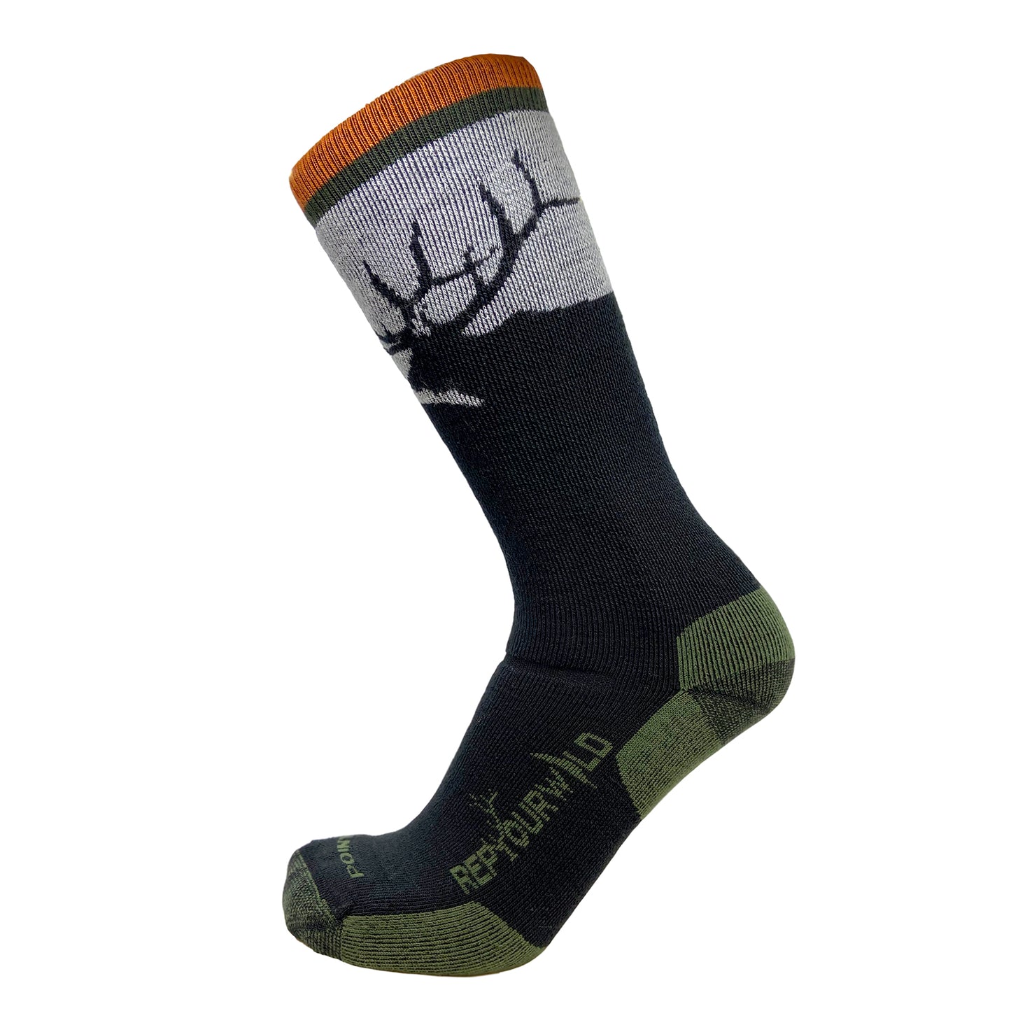 A single sock has an elk head and antlers on the main area and says repyourwild on the foot