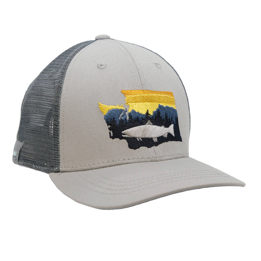 A hat with gray mesh and gray fabric has a design on front in the shape of washington with a trout in front of pine trees and mountains