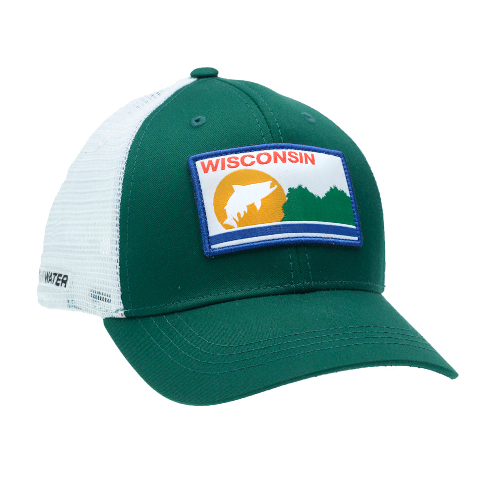 A hat with white mesh and green fabric has a patch that reads wisconsin and a trout jumping in a sun silhouette next to bushes