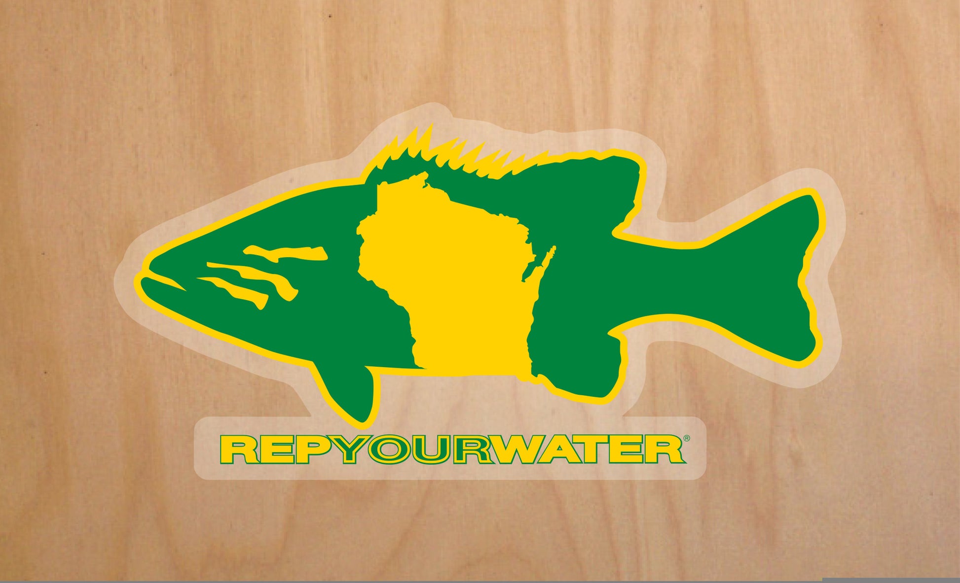 A sticker of a bass with the shape of wisconsin inside of it and the words repyourwater beneath it is on a wood background