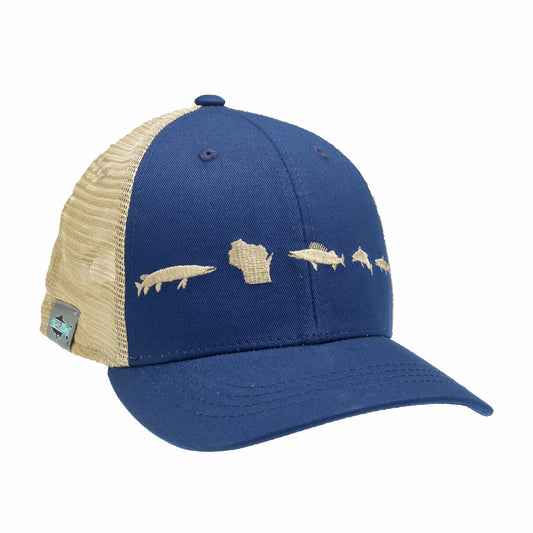 A hat with tan mesh and blue fabric has a design of a pike the state of wisconsin a walleye and two other fish