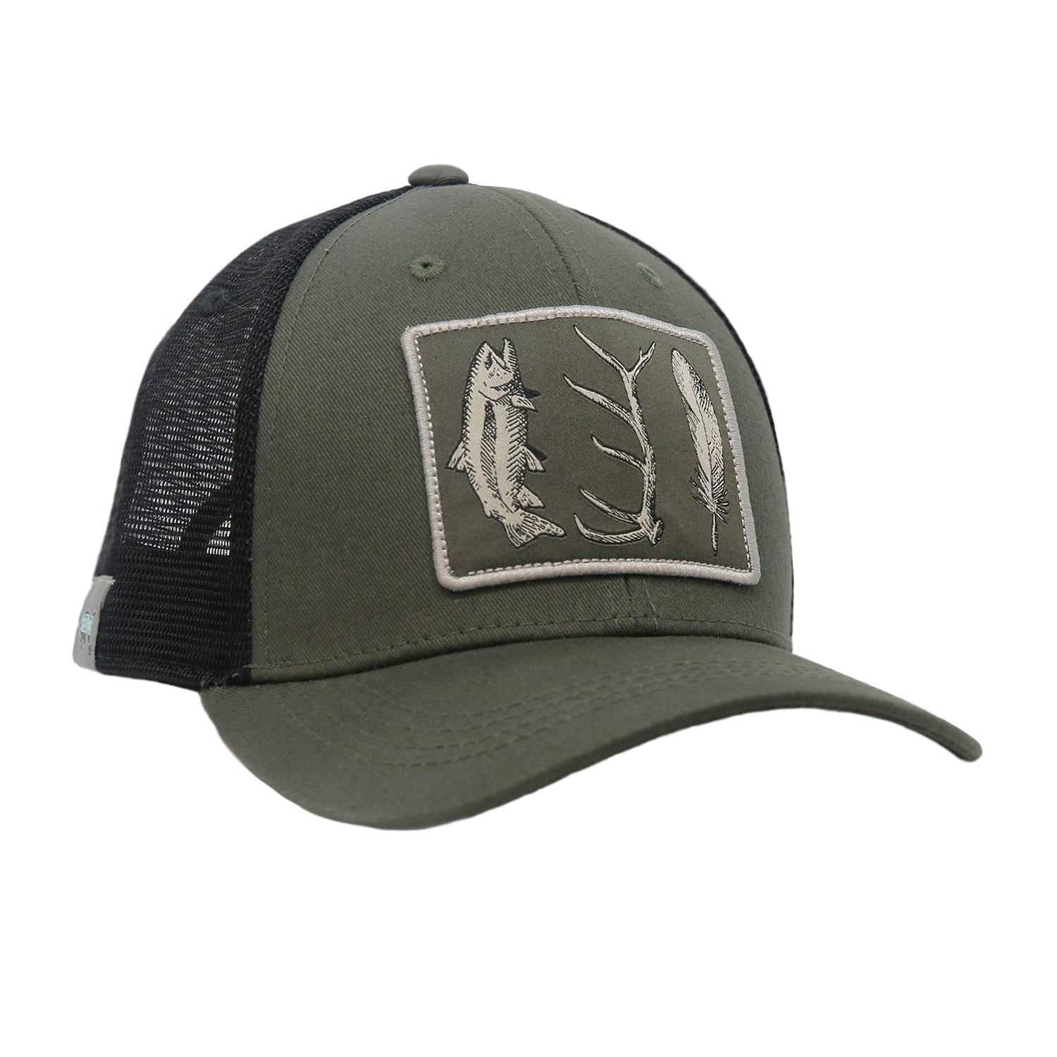 a hat with black mesh and green fabric in front has a patch featuring a trout antler and feather