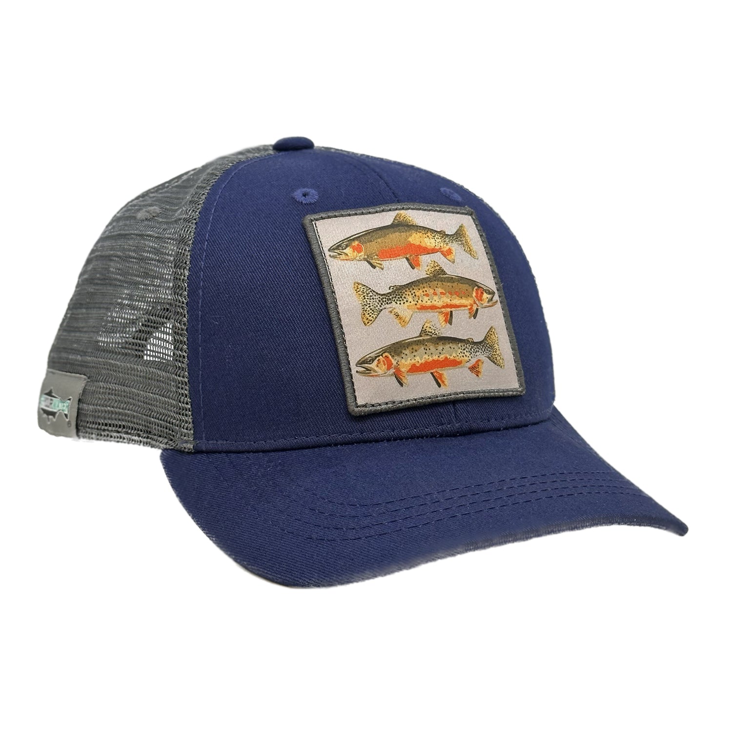 A navy front dark gray mesh back hat with a patch of three cutthroat trout