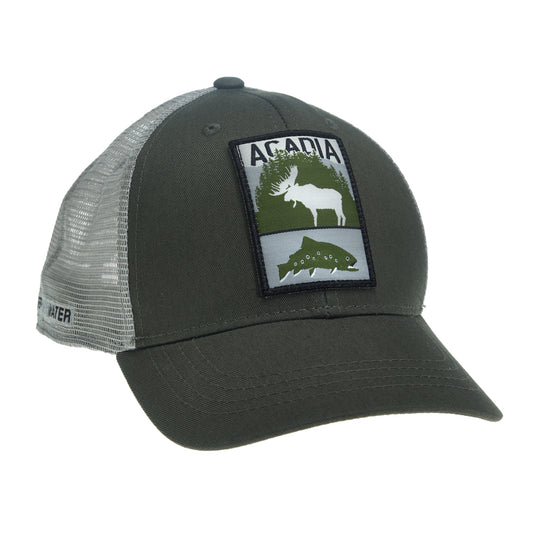 A hat with gray mesh and green fabric has a patch that says acadia above a moose which is above a trout