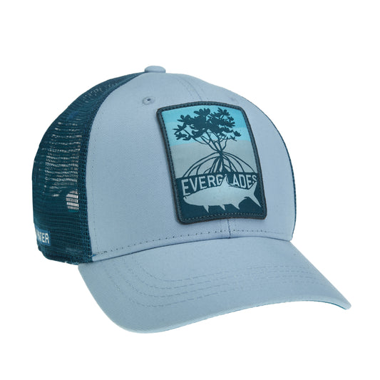 A hat with turquoise mesh and blue fabric has a patch that features a mangrove and tarpon and reads everglades