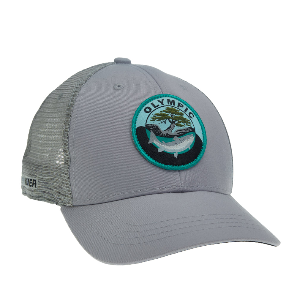 A hat with gray mesh and a gray front has a patch featuring a trout and a tree with the word olympic