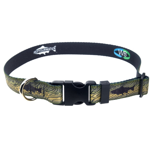 A dog collar with a print of black trout and topo lines on the exterior has two logos inside. One reads WB inside a loop and the other reads repyourwater inside a trout silhouette