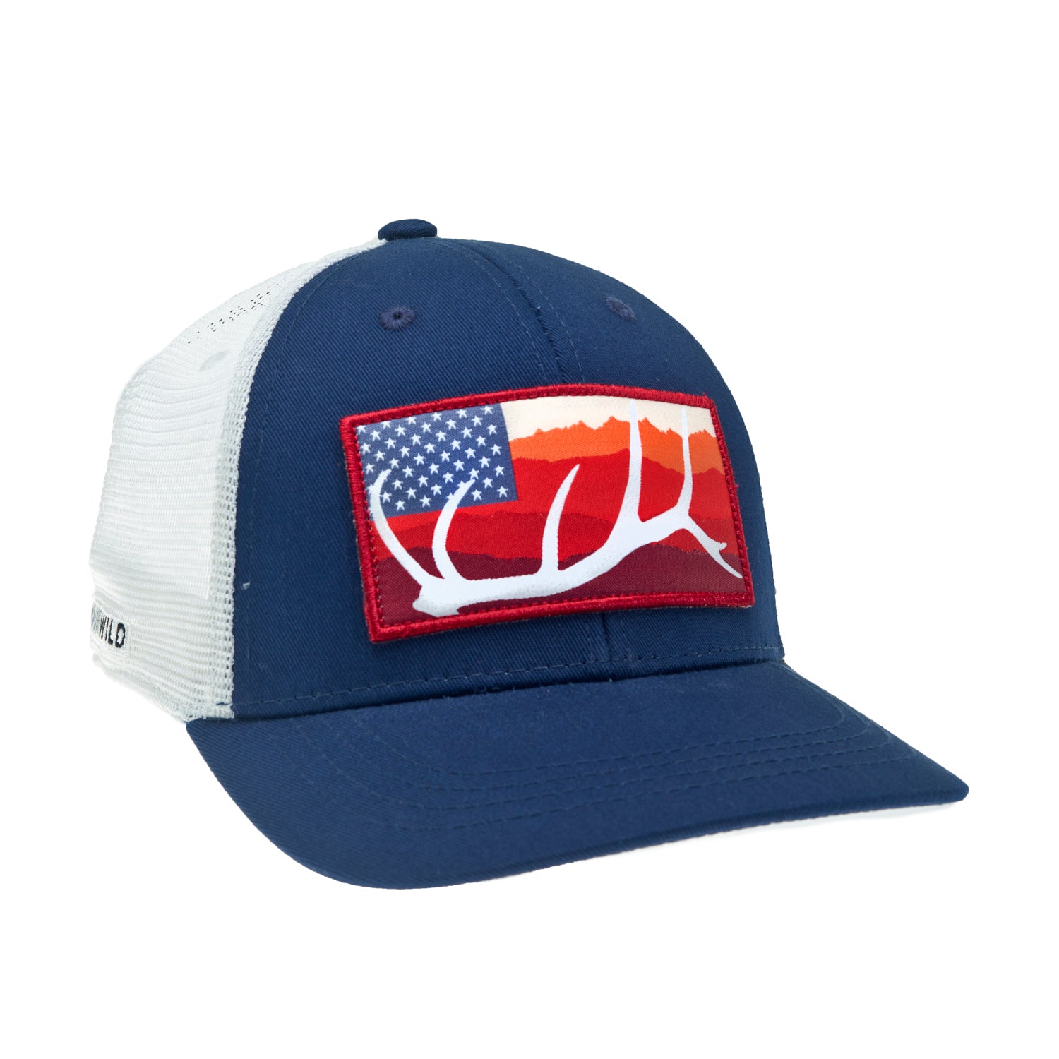 A hat with white mesh and blue fabric has a patch with an elk antler in front of mountains and 50 stars in a blue rectangle
