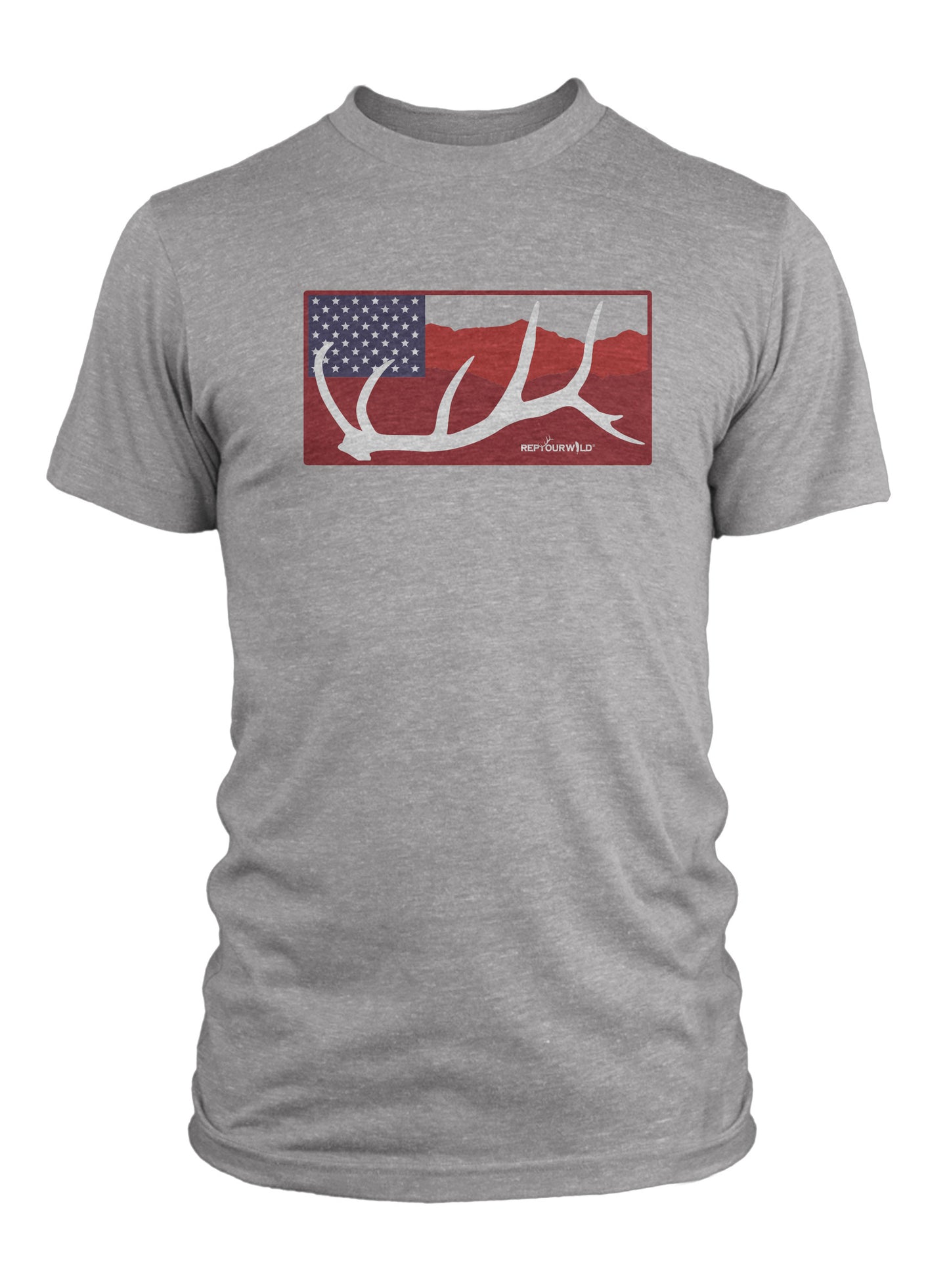 A short sleeved gray tee shirt has a print on the chest with an elk antler in front of mountains and 50 stars in a blue rectangle and says repyourwild underneath