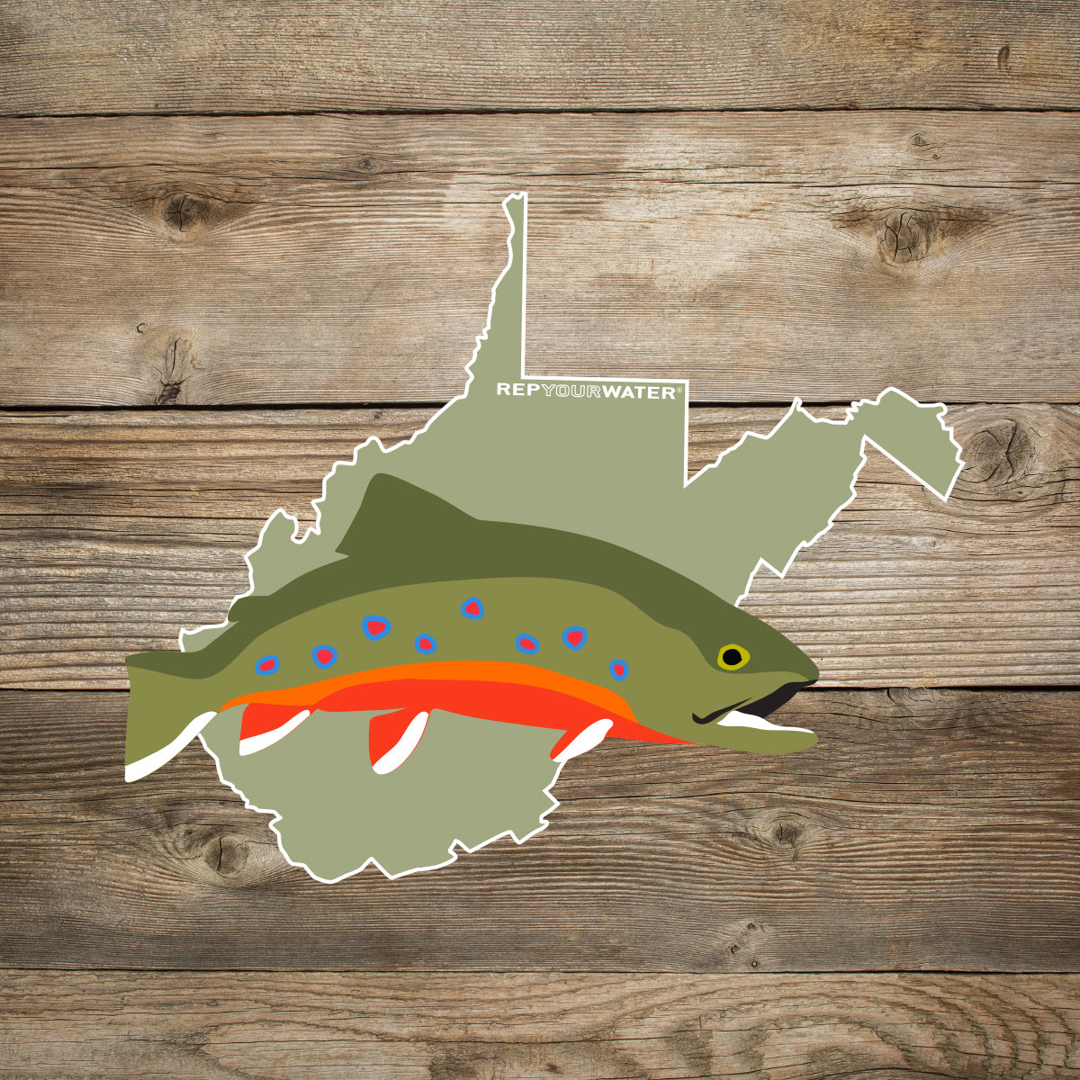 A sticker in the shape of a brook trout on top of west virginia is on a wood background