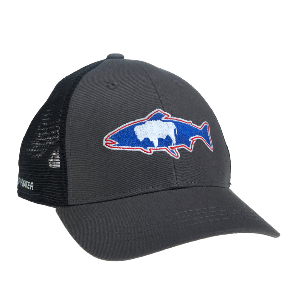 A hat with black mesh and gray fabric features a trout shaped sticker with a bison