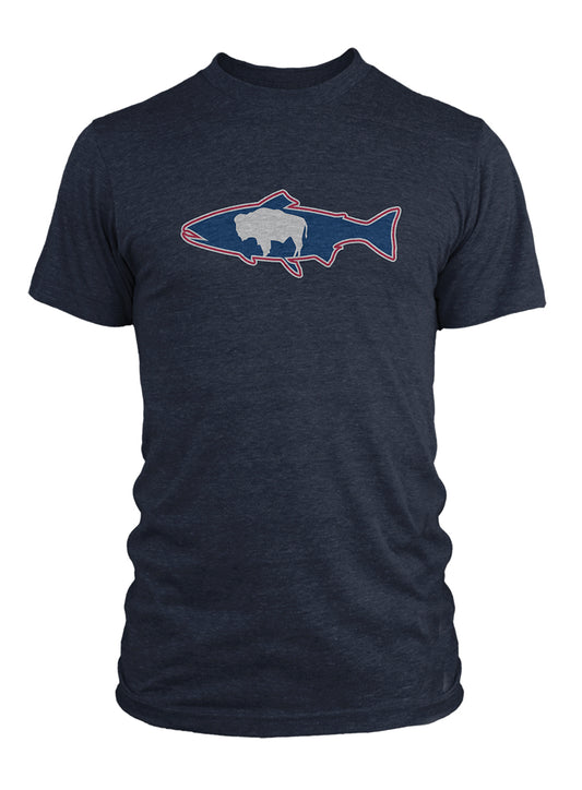A short sleeved blue shirt has a print of trout shaped sticker with a bison on the chest