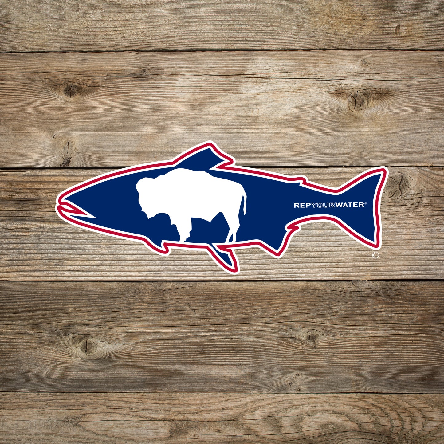 A trout shaped sticker with a bison and the words repyourwater on a wooden background