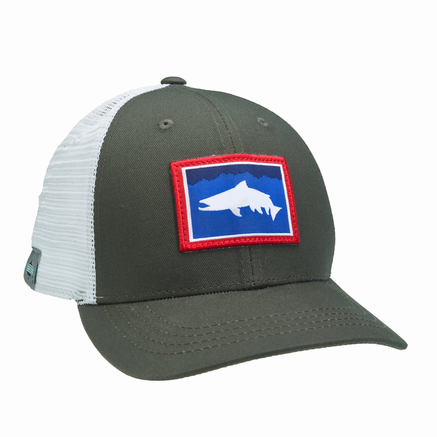 A hat with white mesh and green fabric has a rectangular patch with a trout inside the colors of the wyoming flag
