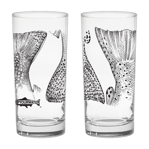 Both sides of a highball glass that show 3 taikls of a brown trout, rainbow trout, and brook trout with black silhouette of fish and text that reads rep your water